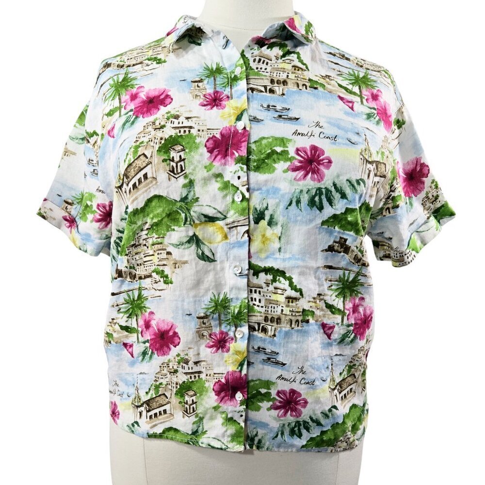 Cynthia Rowley 100% Linen Amalfi Coast Italy Floral Button-Up Shirt Beachy